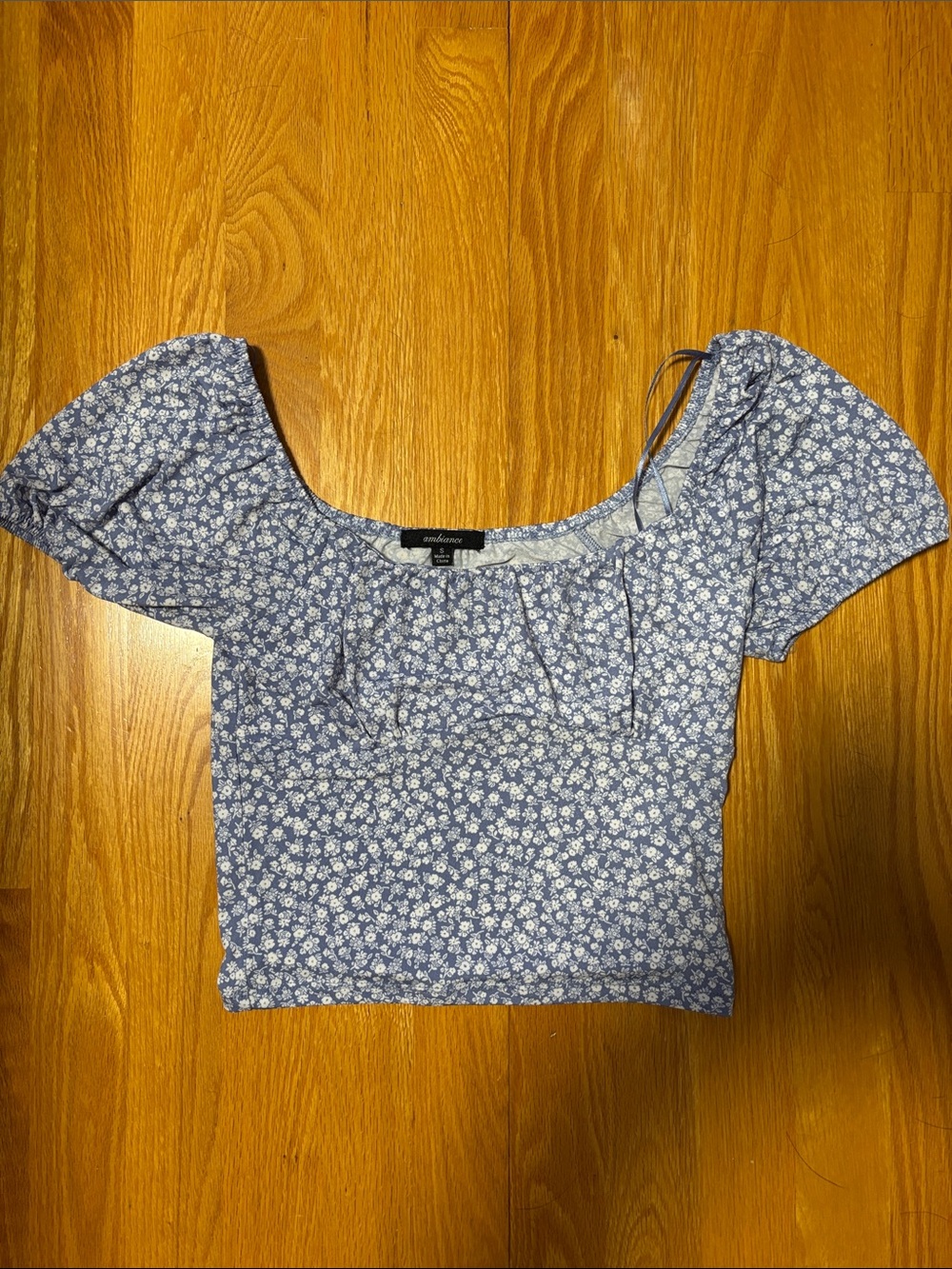 Light Blue Floral Square-Neck Crop Top